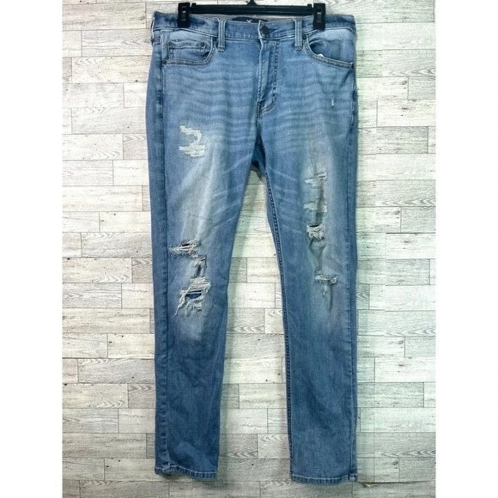 Hollister 33x32‎ Mens Slim Straight Epic Flex Distressed Ripped Blue Jeans